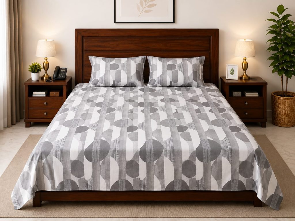 Material and finish of Silver Pebble Abstract Double Bedsheet