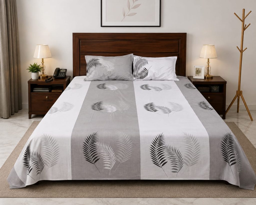 Material and finish of Monochrome Palm Leaf Double Bedsheet